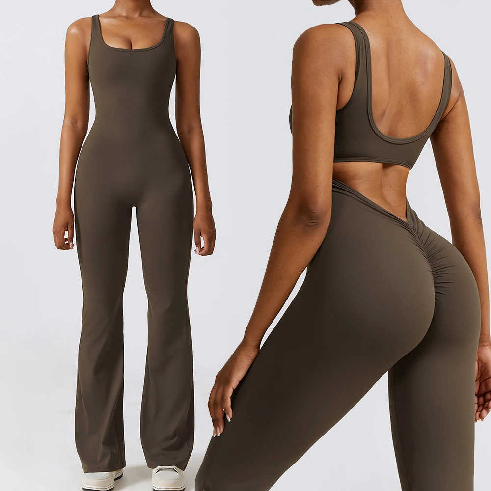 OEM Deep U Neck Backless Hollow Out Y2K Flare yoga jumpsuit sexy women sports one piece fitness workout jumpsuit