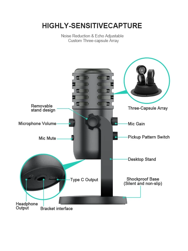 youtube microphone usb c microphone mic for pc Singing meeting online class Podcast Recording Studio