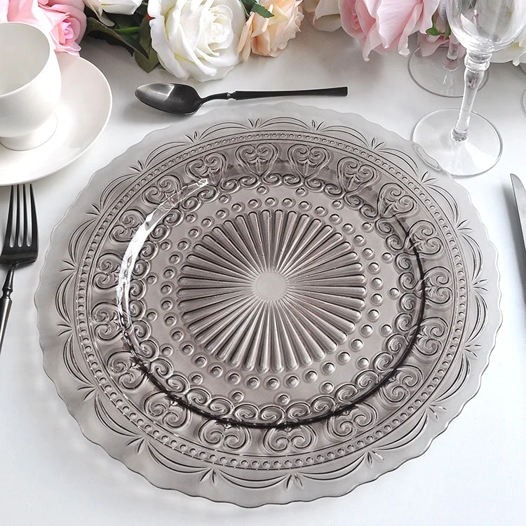 Custom 13 Inch Vintage Embossed Gray Glass Wedding Lace Charger Plates Wholesale