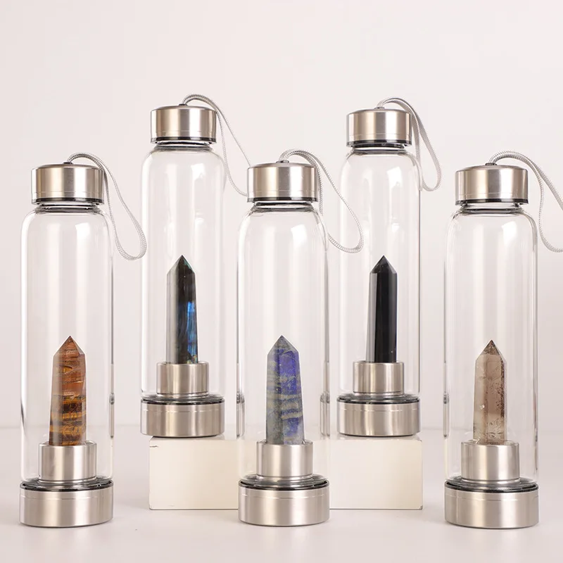 Madou Eco Friendly Reusable Gemstone Cup Fruit Infuser Sports Gem Infused Glass Healing Elixir Crystal Gemstone Water Bottle