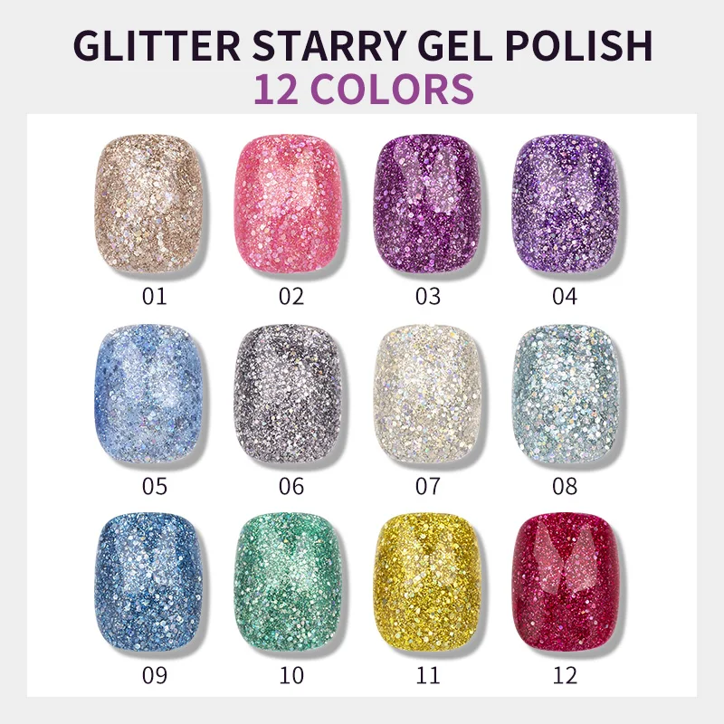 QSHY 12 Colors Flash Gel nail polish Private Label High shine nail art uv led reflective Glitter Starry Gel