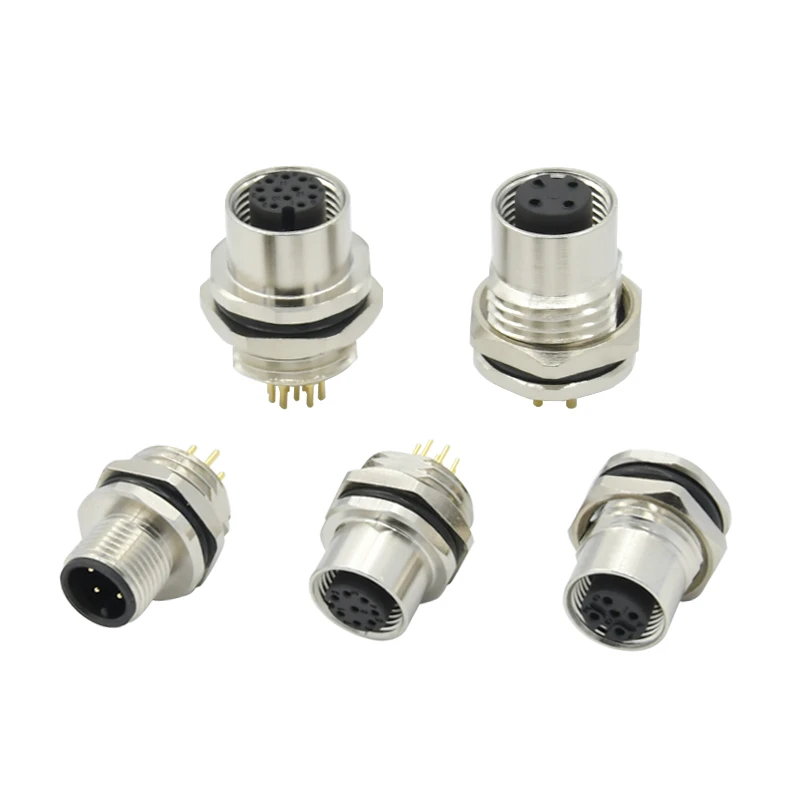 Waterproof ip67 sensor conector 3 4 5 8 12pin plug wall panel mounted pcb a b d code female m12 4 pin connector