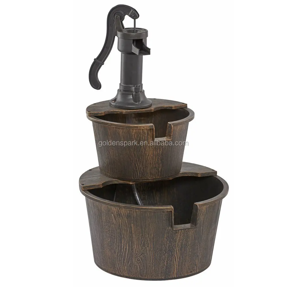 2 Tier Barrel Cascading Water Feature with Traditional Hand Pump for Outdoor Garden and Patio Diameter 40.5 x H69cm