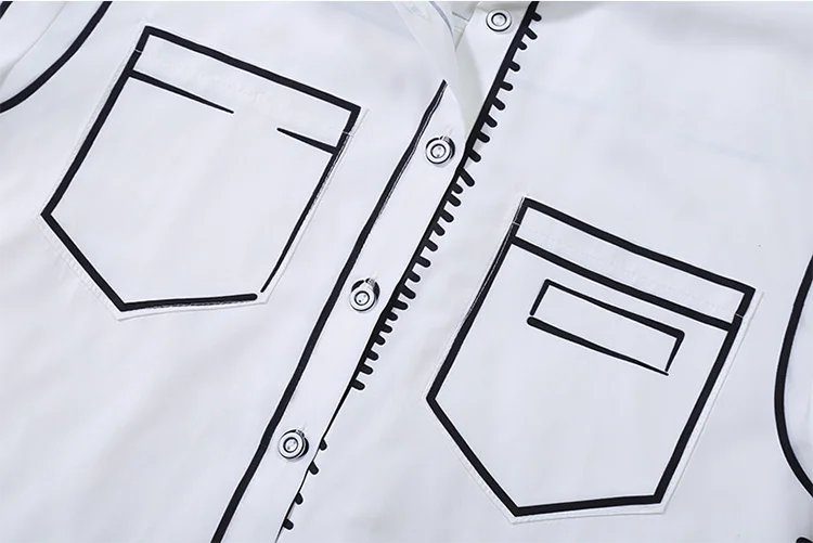 Fashion White Long Sleeve Turndown Collar Ladies Tops Blouse Line Printing Button Pockets Loose Shirts For Women