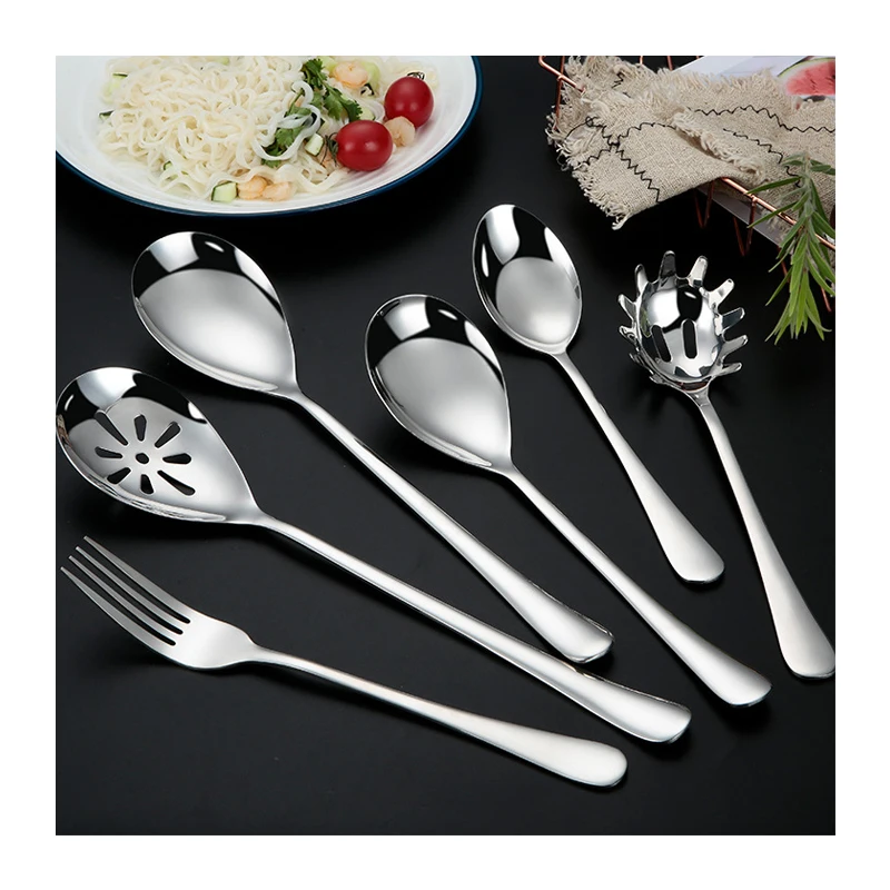 Low price Stainless Steel Kitchen Cutlery Serving Tools Noodle Spoon Large colander Large Spoon Fork for Buffet Restaurant