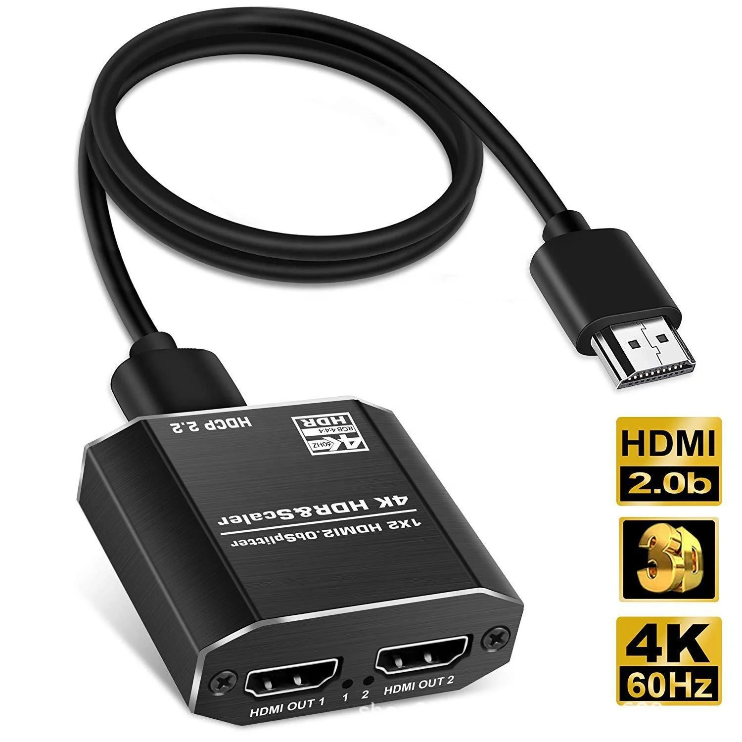 4K@60Hz HDMI Splitter 1 in 2 Out, 2 Way HDMI Splitter for Dual Monitors, 1x2 HDMI 2.0 Splitter Video Distributor Mirror Only