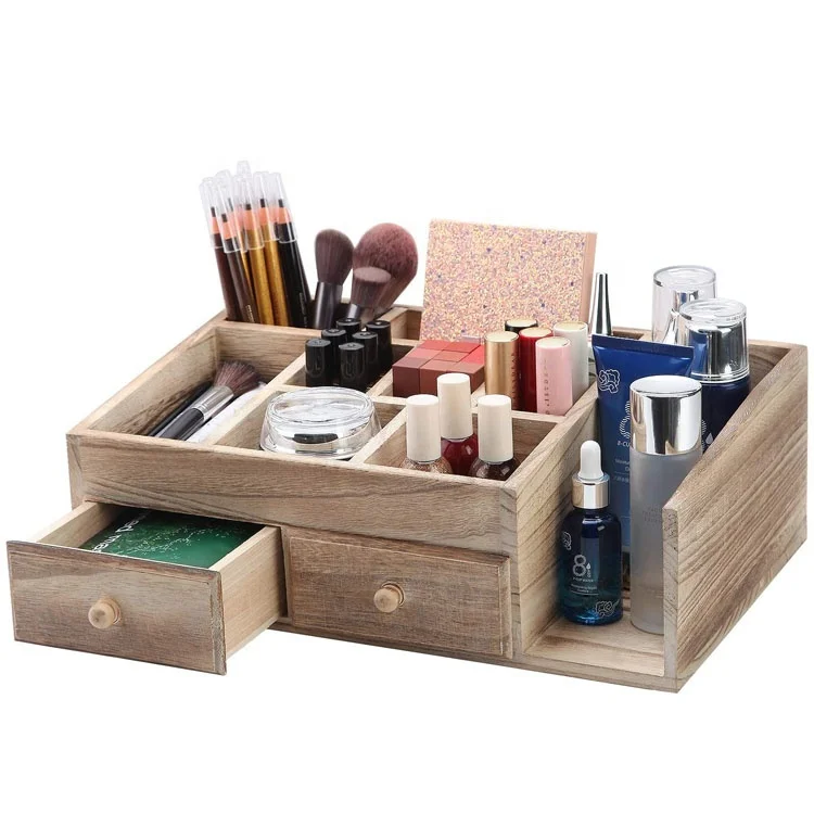 Rustic Natural Wood Desk makeup Storage Organizer with 2 drawers