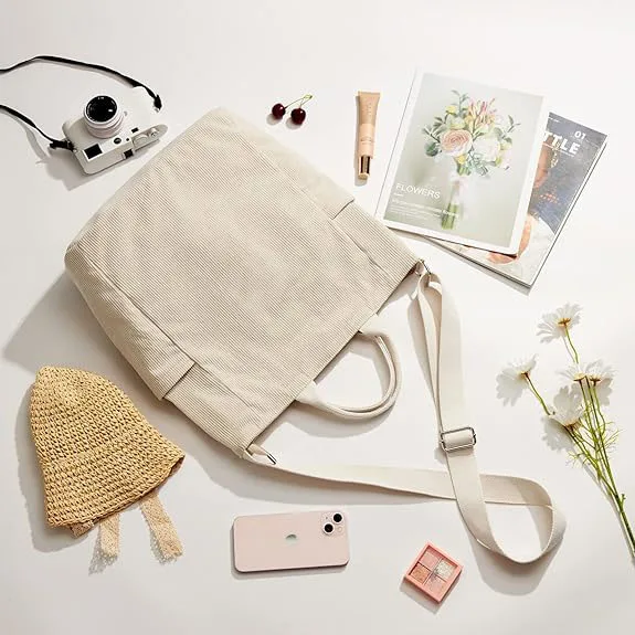 Corduroy Tote Bag Large Messenger Bag Shoulder Hobo Anti Splash Crossbody Zipper Bag Casual Work Shopping Women