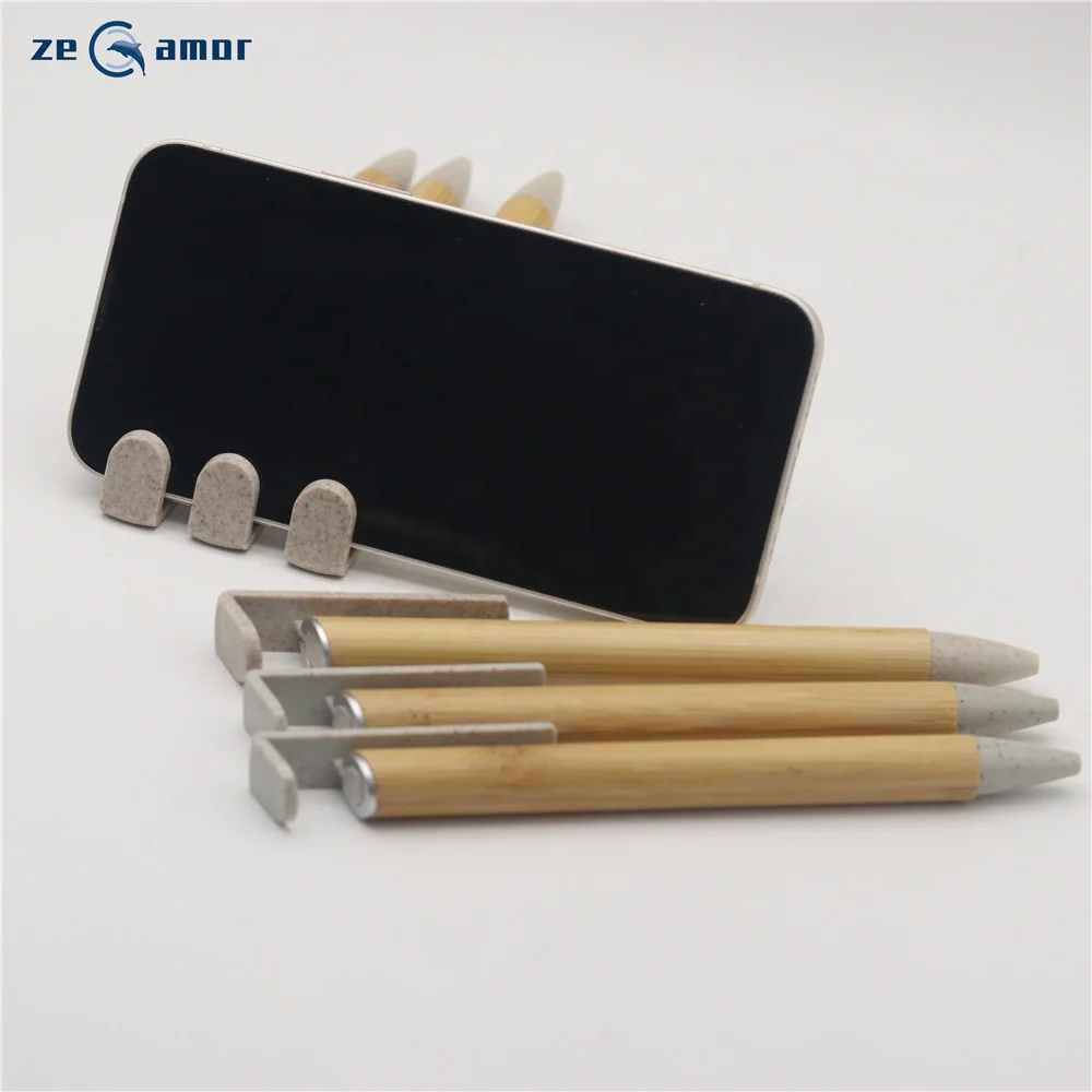 Zeamor lapiceros de bambo Multi Function Promo Gifts ECO Friendly Wheat Straw Clip Logo Custom Natural Bamboo Pen With Phone Hol