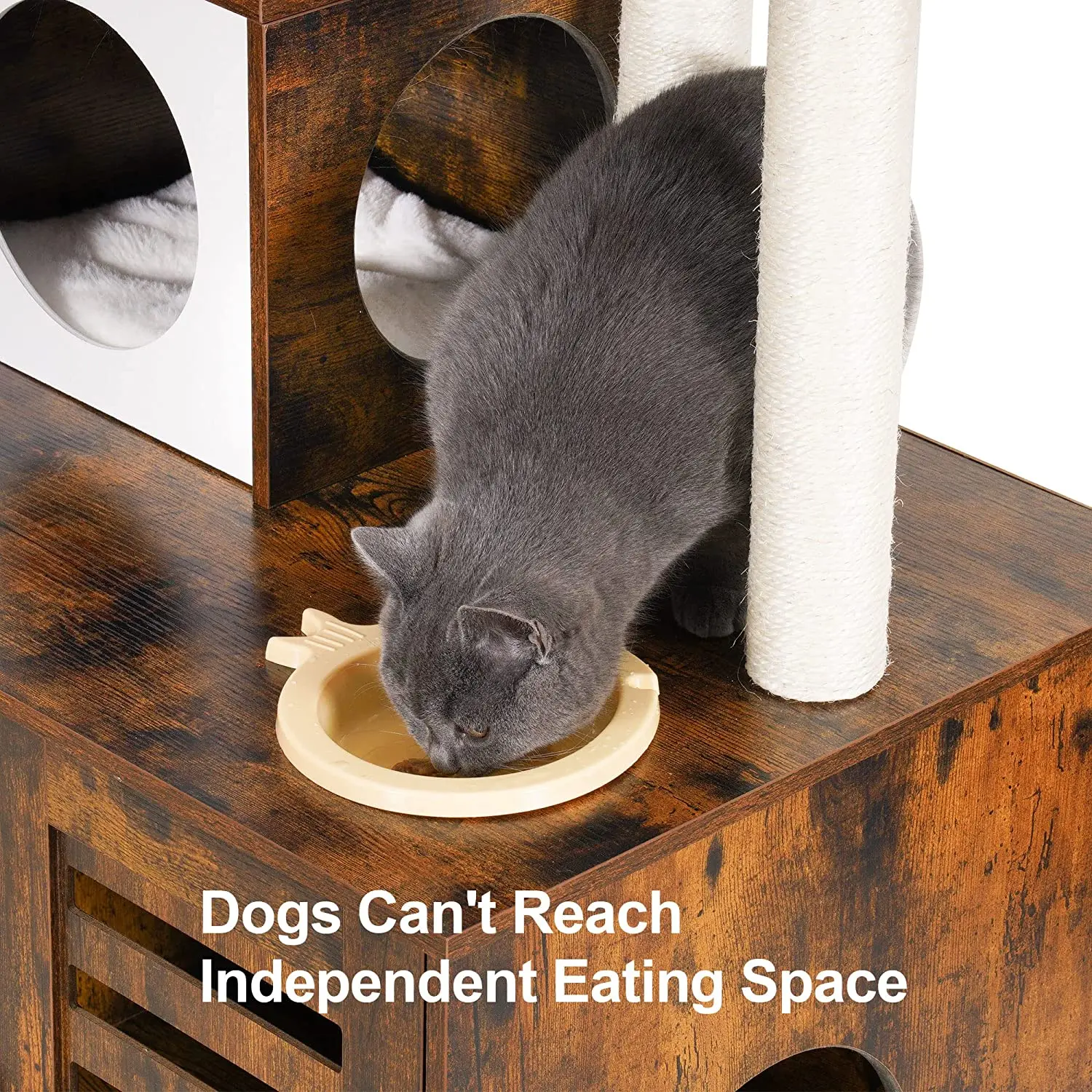 Cat Tree, Wood Litter Box Enclosure with Food Station, All-in-one Indoor Cat Furniture with Large Platform and Condo