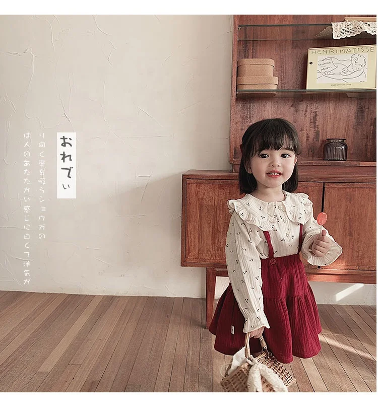 
6533/Beige hot selling spring fashion cherry girls shirt sweet turn down collar shirt 