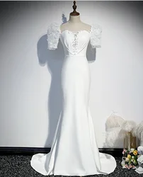 Elegant Short Sleeve Open Back Glass Crystals Beading Long Train Mermaid Wedding Dress white bridal gown