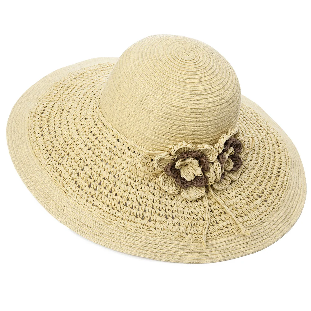 Summer Women paper crochet flower band floppy sun-proof Straw Hat