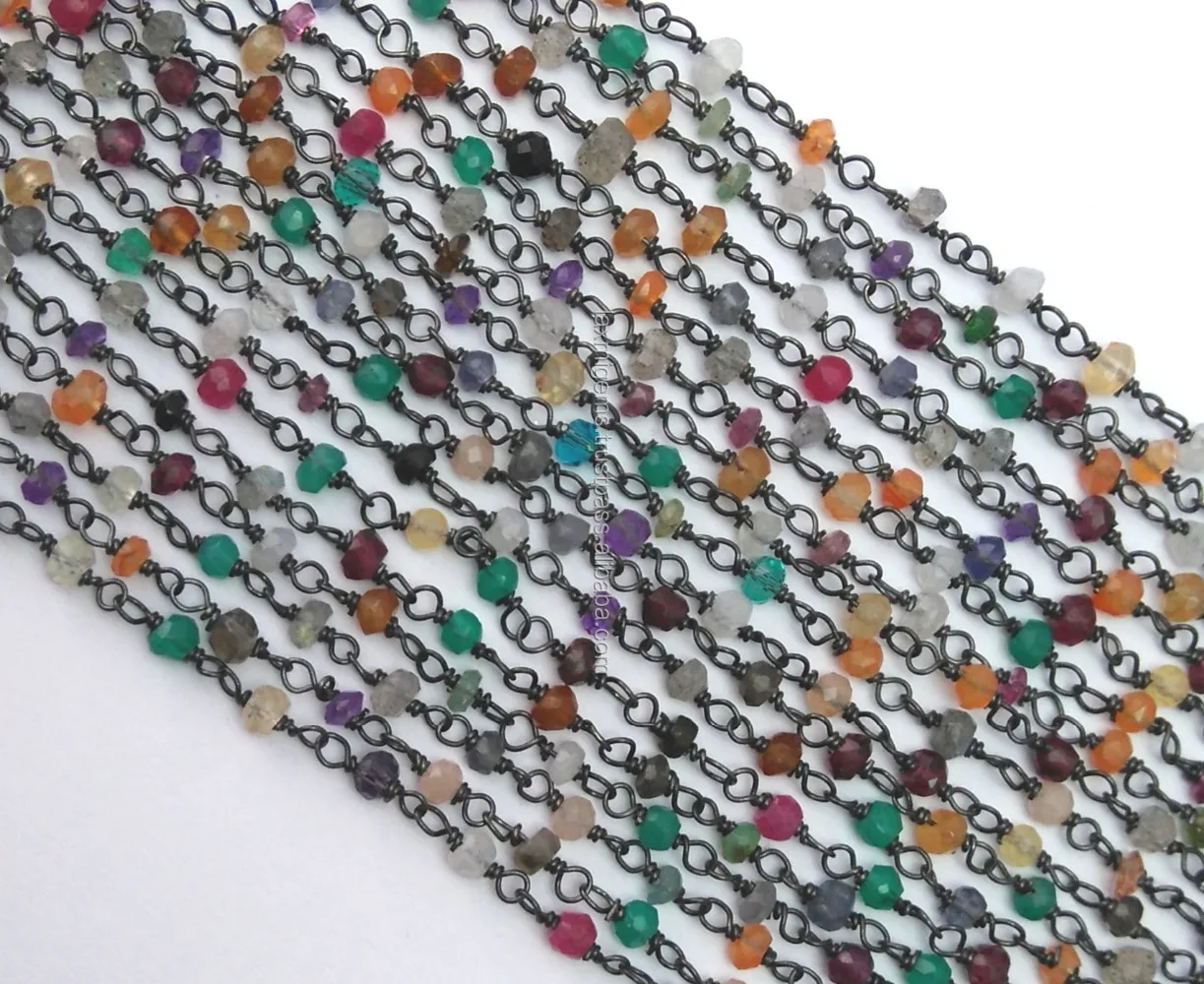 Multi Dyed Ruby Emerald  Sapphire Gemstone 925 Sterling Silver Wire Wrapped Rosary chain