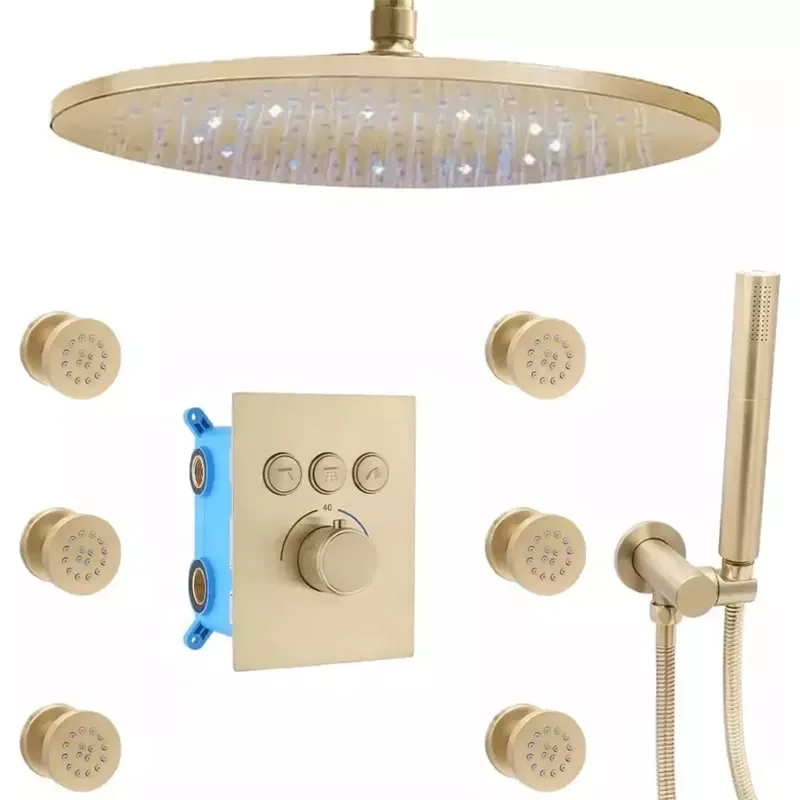 Led Brushed Gold 3 Functions 12 Inch Round Rainfall Rain Ceiling Shower Bathroom Thermostatic Concealed Shower Set