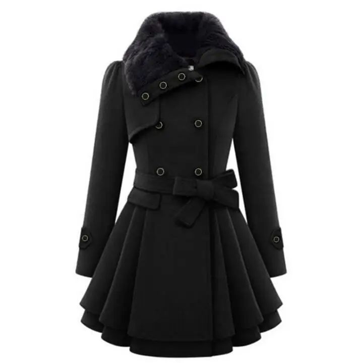 WIIPU Women Wool Coat Vintage England Woolen Blends Thin Winter Warm Plus Size Overcoats Faux Fur Collar Fashion Coats