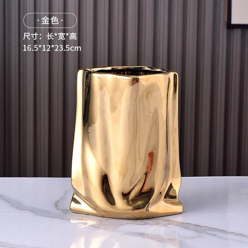 nordic Crinkle Fold Paper Bag Handmade Ceramic Vase gold electroplated Flower Arrangement Ornaments for home wedding decor