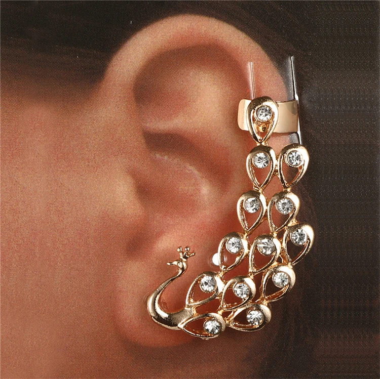 Personality Punk Wing Clip-on Earrings Fashion Spreading Wings Peacock Feather Rhinestone Crystal Cuff Earrings Women