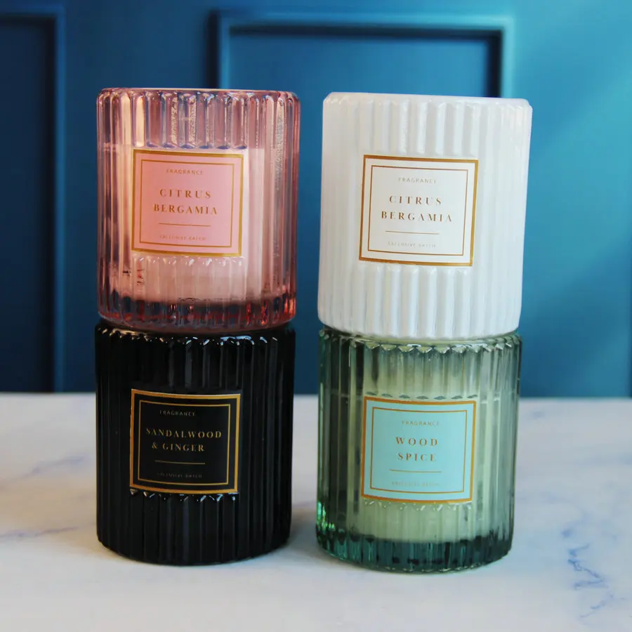 Soybean Wax Scent Candle Gift Organic Natural Fragrance Oil Long Burning Custom Bulk Ribbed Glass Jar Scented Candles With Box