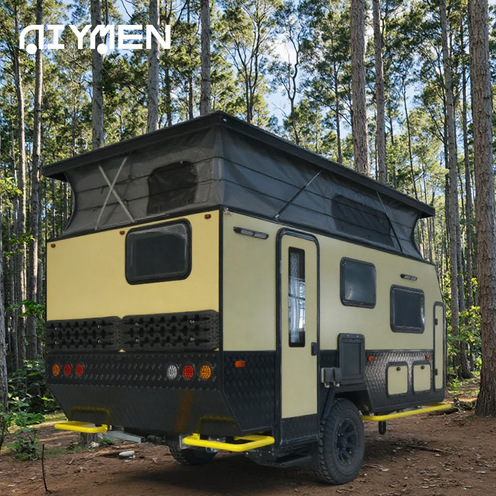 Luxury 4x4 Hybrid RV Caravan Dual Axle Electric Roof Off-Road Travel Trailer with Solar Panel Mini Outdoor Camping Trailer