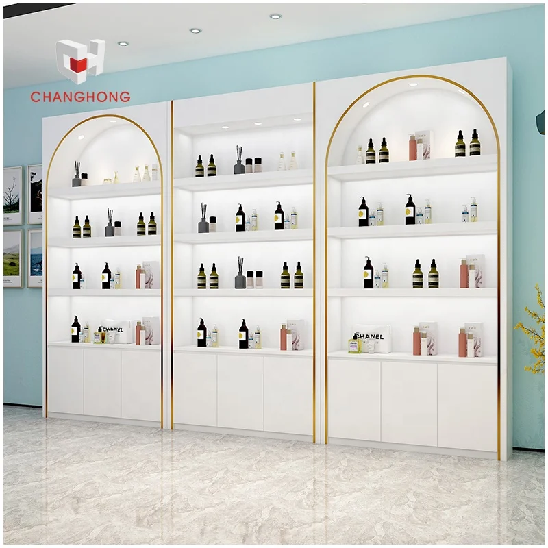 Salon perfume makeup retail store display fixtures high design cosmetic shelves racks with cabinet for cosmetic shops