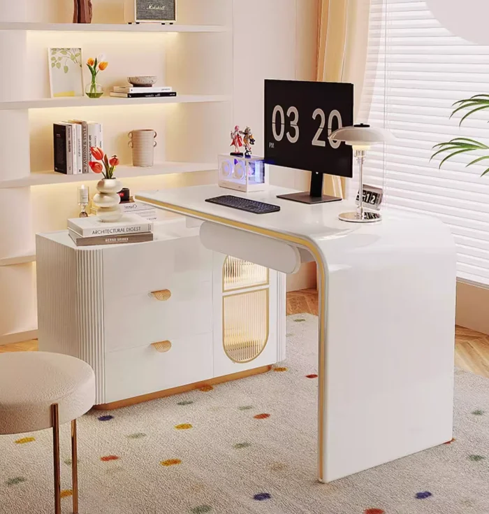 Light Luxury Corner Desk Bookshelf Dressing Table Two Person Long Office Household Foldable Extendable Cream Style Computer Desk