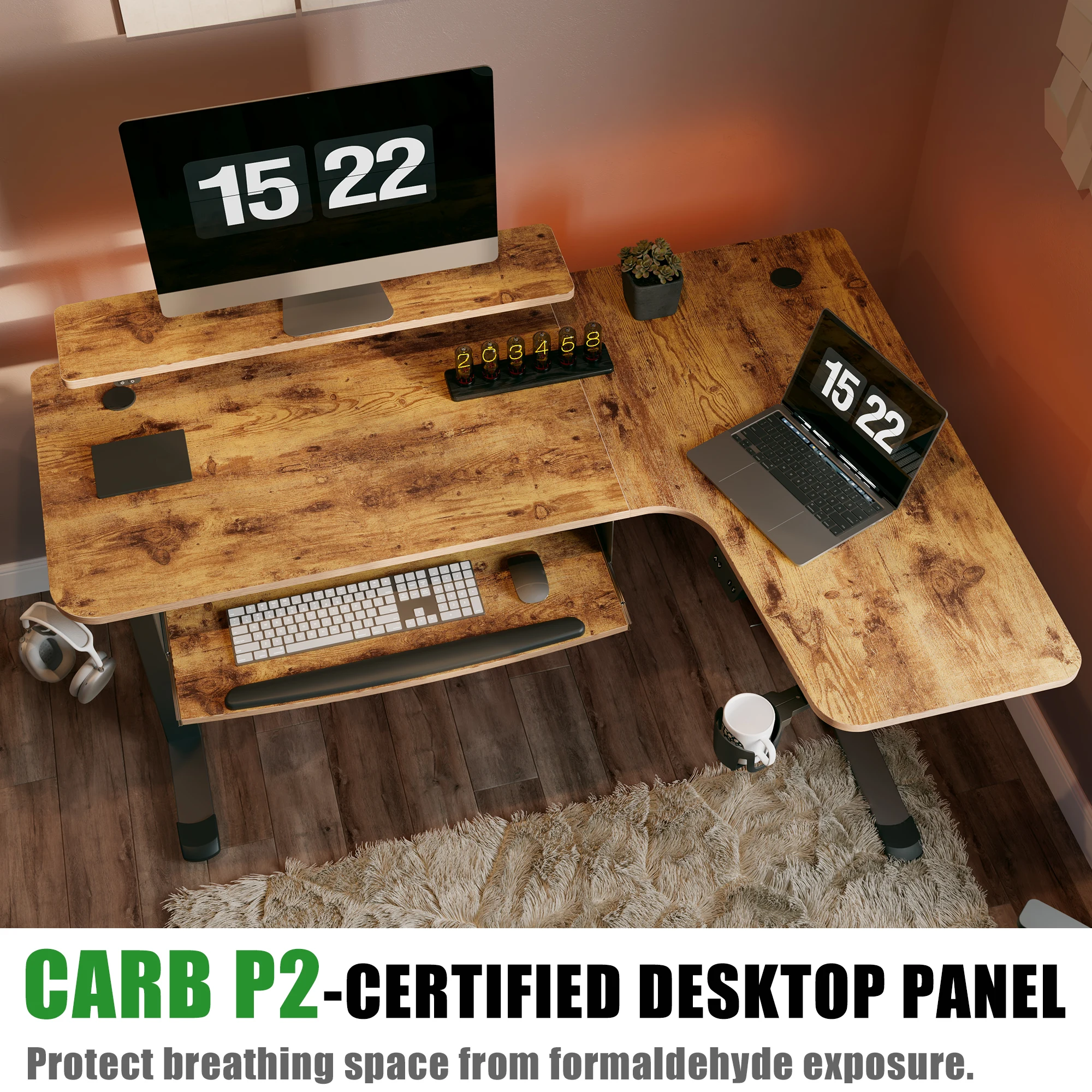 L Shaped Electric Standing Desk with Keyboard Tray, 61 inches Height Adjustable Standing Desk with Monitor Stand, Rustic Brown/R