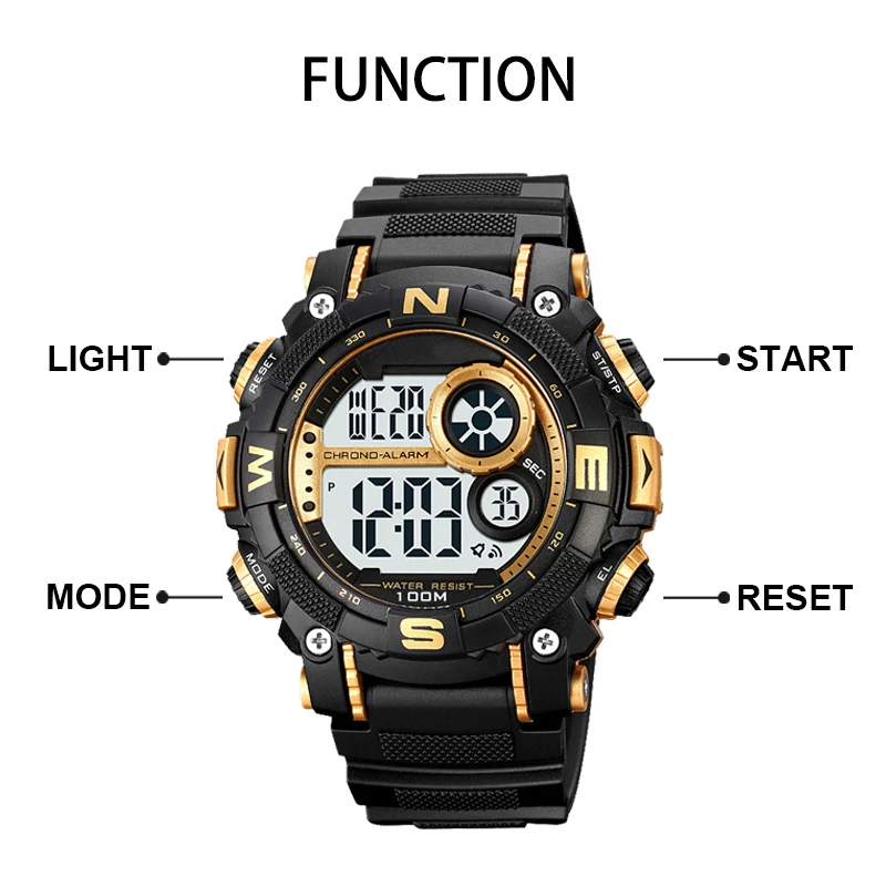 Multi functional Fashion Sports 5 BAR Luxury Chronograph Waterproof LED Light Night Shockproof digital watches