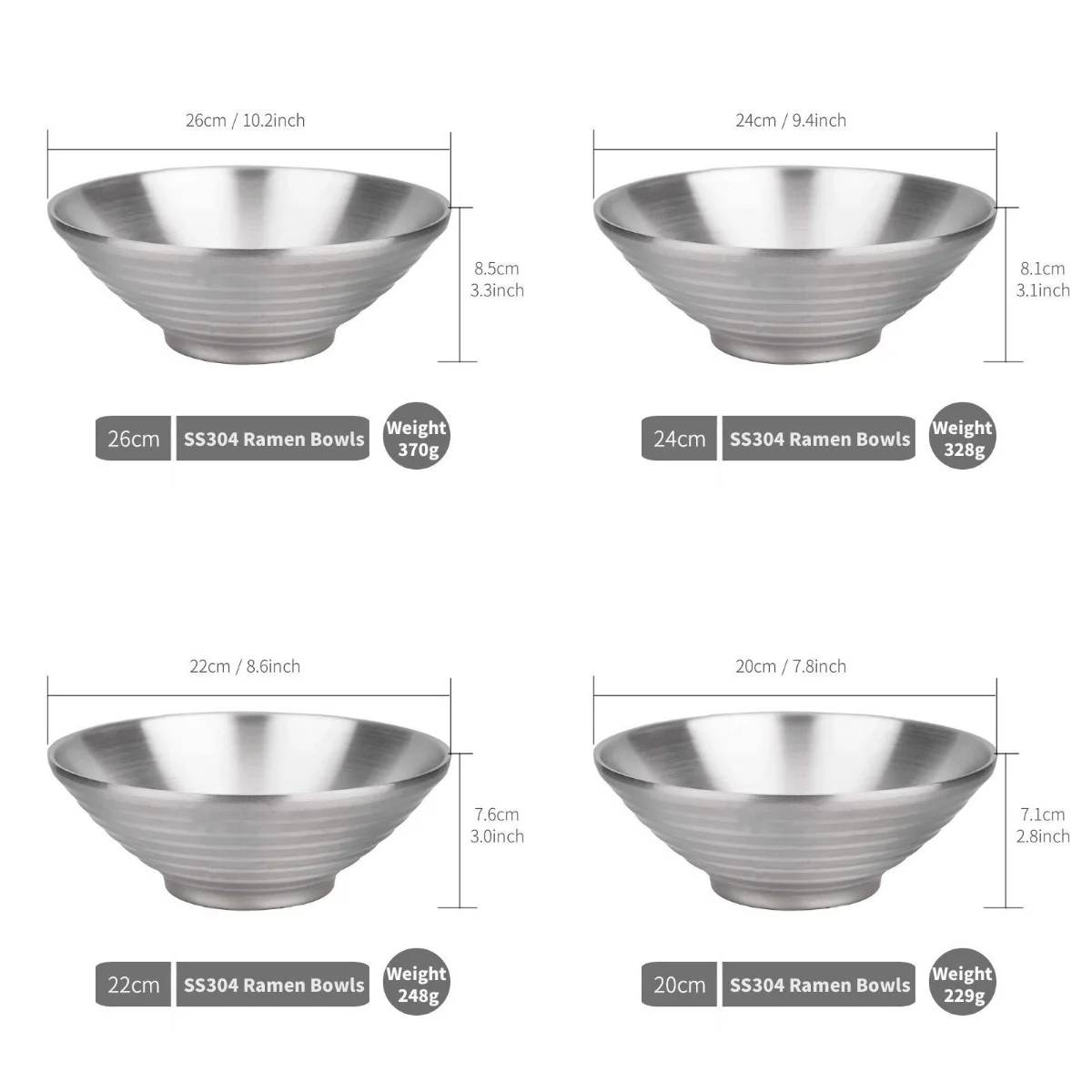 Japanese Style Double Wall Noodle Soup Bowl 18/8 Stainless Steel Ramen Bowls
