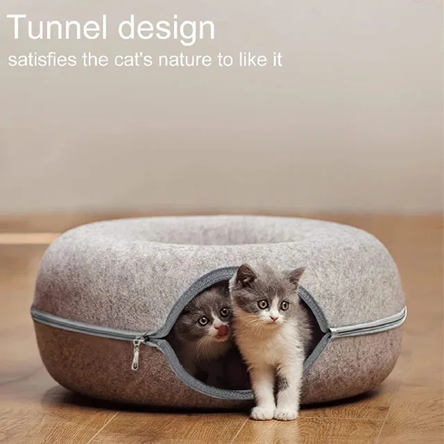 Hot selling wholesale manufacturer zipper playable and livable feline nest round wool felt pet beds pet cat tunnel cave