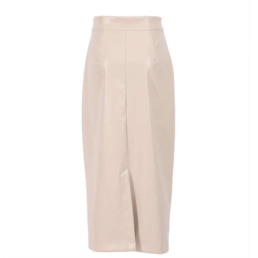 OOTN Zip 2021 Elegant Autumn Winter Female Midi Skirt Office Ladies Womens PU High Waist Bodycon Skirts Split Long Skirts