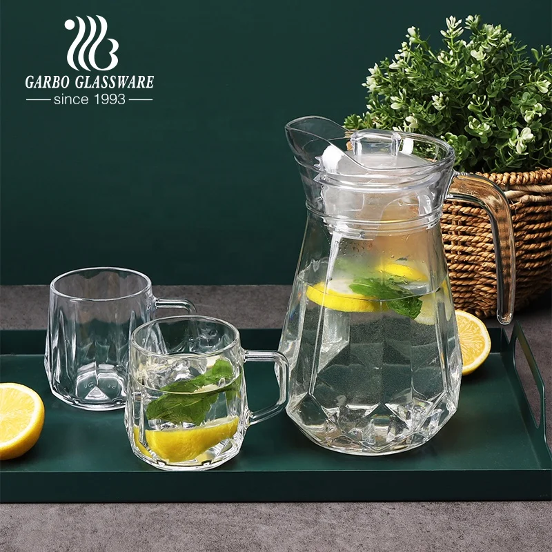 Durable Glass Jug Set with 1 Jug 2 Cups 1200ml Pitcher with Convenient Handle and Lid Glass Carafe Set for Cold Drinks Juice