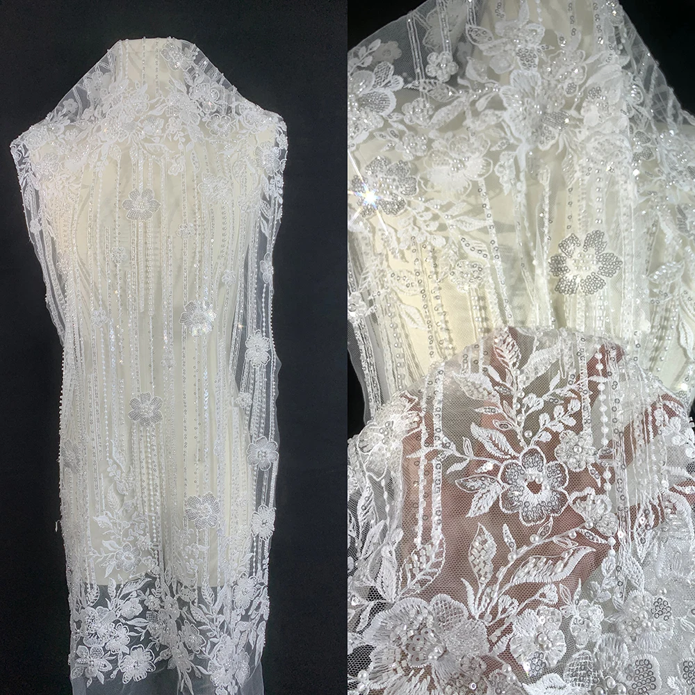 Wholesale good price white bridal pearl embroidered beaded crystal sequin fabric manufacturers for ladies african lace fabric