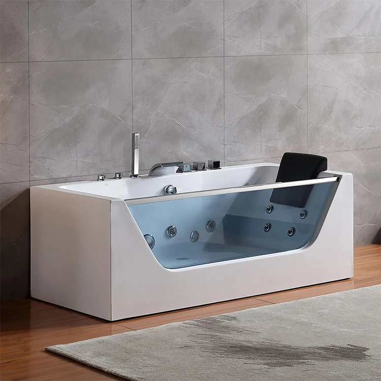 Hot Selling White Whirlpool Acrylic Bathtub Spa Hydro Massage adult for 1 Person with Pillow Three Sided Art Skirt Bathroom Tub