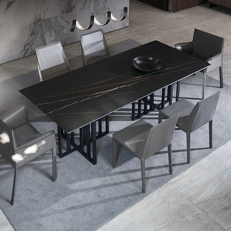 Wholesale Luxury Dinning Table Set With Grey Solid Marble Top And 6 Grey Stainless Steel Chrome Dining Table