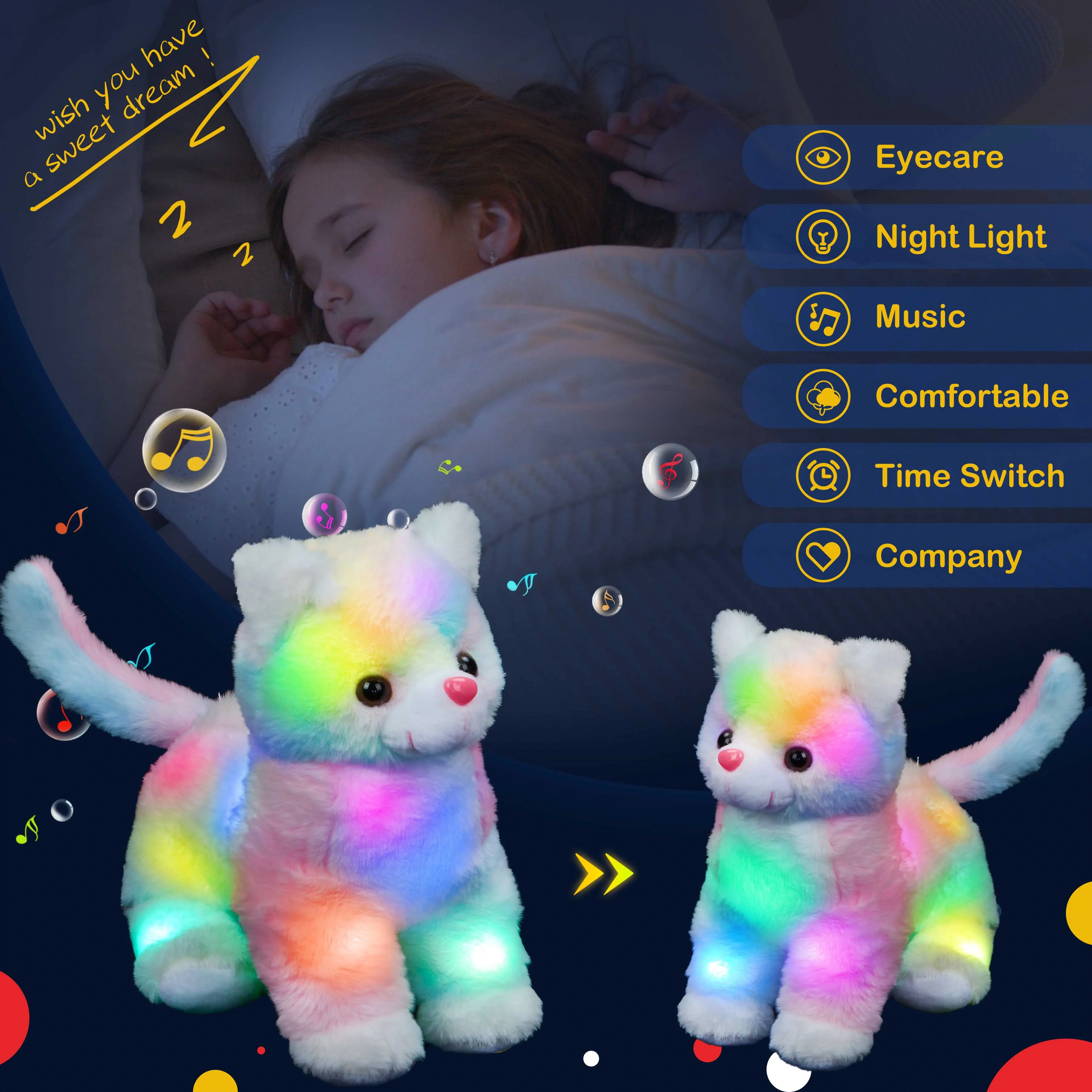 Glow Guards 12' Light up Cat Stuffed Animals with LED Night Light Glow in Dark Soft Kitty Plush Snuggle Toy Rainbow