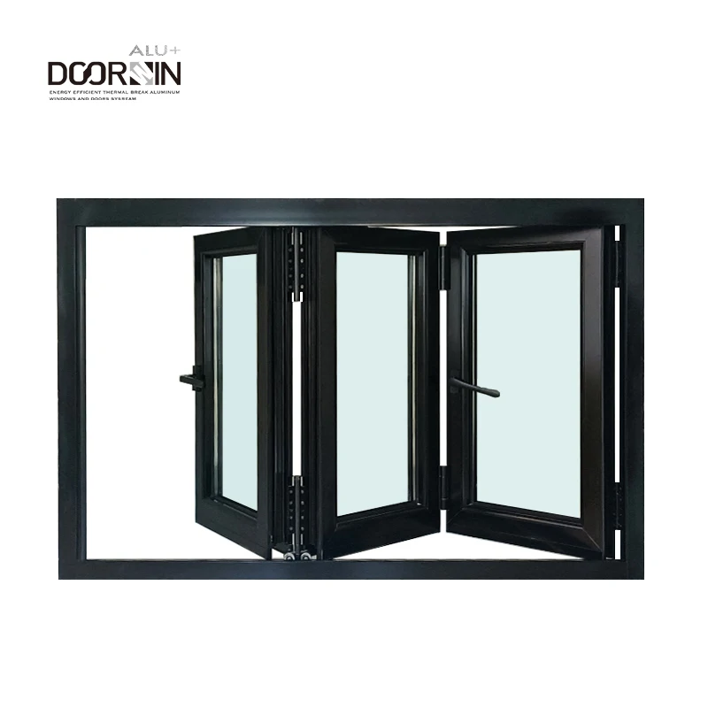 Double Black Exterior Aluminum Sound-Proof Windows Heat-Insulated Thermal Break Wooden Frame Swing Open Style Louver Curtains