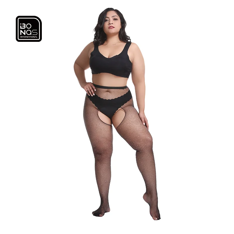 
BONAS plus size women sexy tight high waist transparent stockings rhinestone fishnet pantyhose open crotch 
