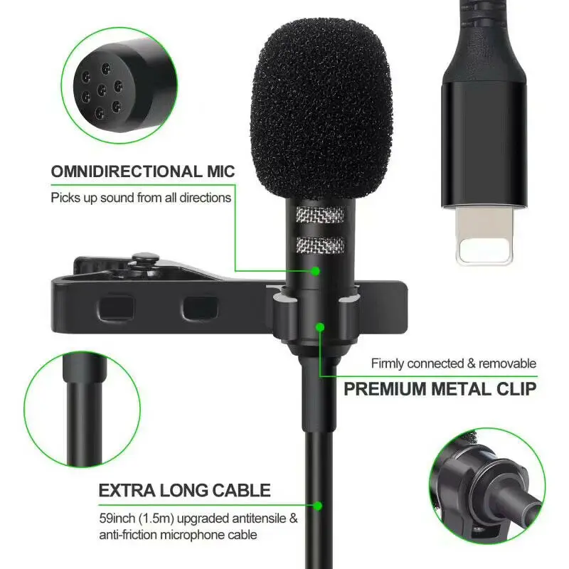 Wired Omni-direction Microphone  Lavalier Lighting Port Mini Clip Mic Mobile Phone Microphone for IP 11 12 13