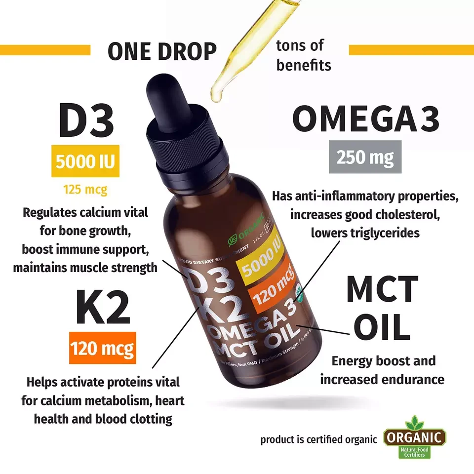 Support body blood Daily supplement D3 K2 Liquid Vitamins Formulated Organic Vitamin D3 K2 Drops Oil Omega 3