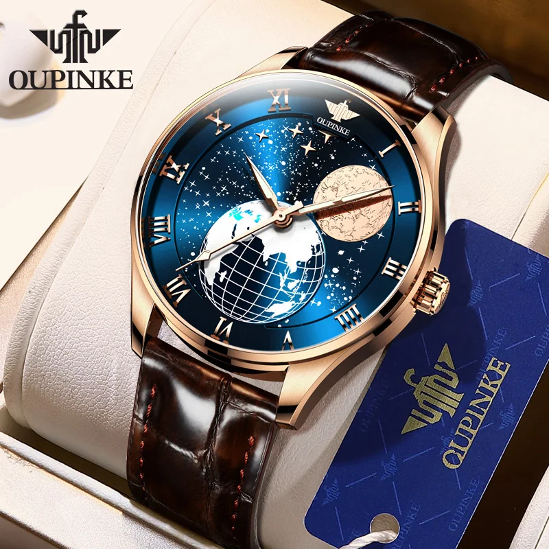 Men Watches Fashion Hands Men Automatic Genuine Leather Earth Watch Supplier Wholesale Import Movement Mechanical Wristwatches
