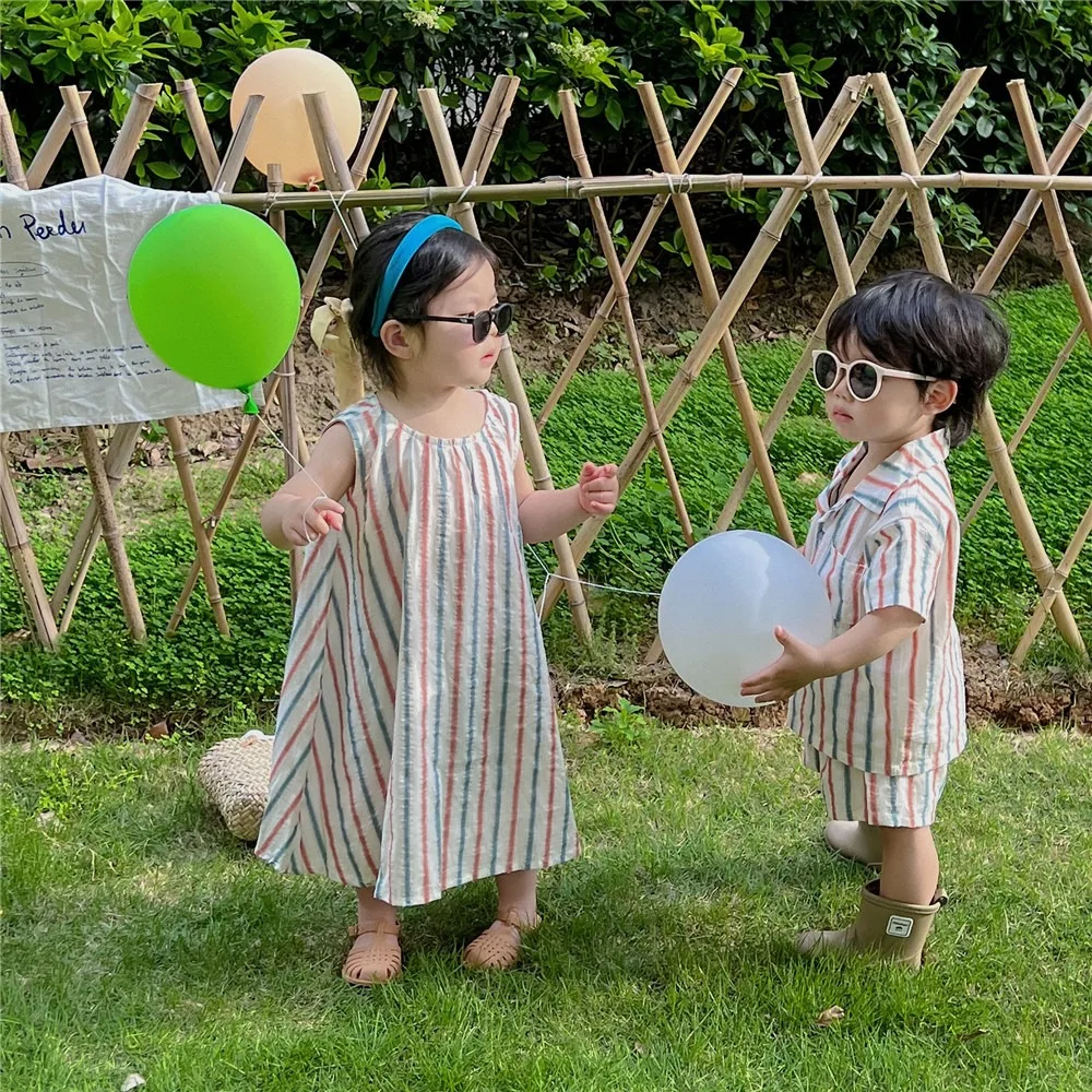 2024 summer Korean set striped striped sundress short-sleeved shorts two-piece sister-brother travel suit