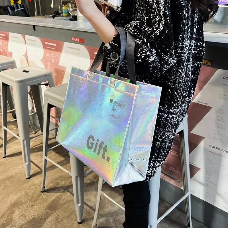 wholesale custom logo hologram effect reusable non woven shopping bag with lamination holographic bag