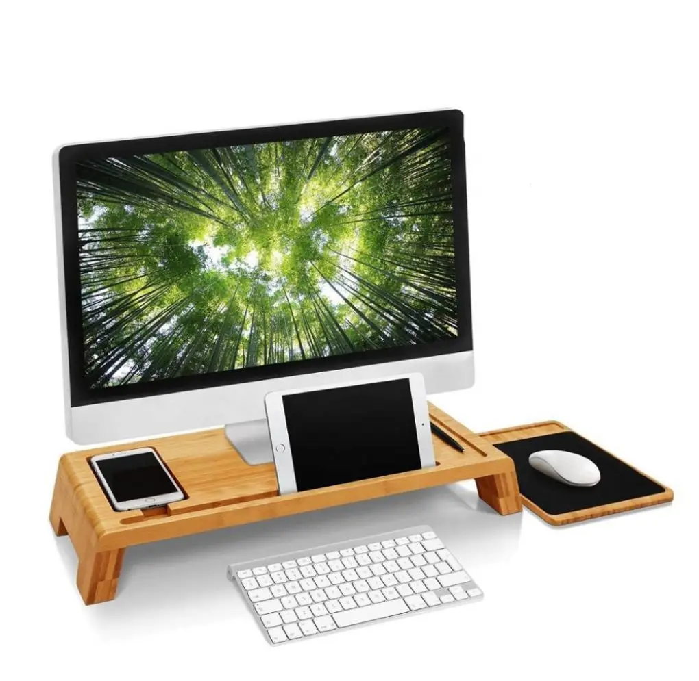 Custom Logo Bamboo 2-Tiier Monitor Riser With Adjustable Storage Organizer/Desktop Stand For Imac,Printer,Notebook,Xbox One,Ps4