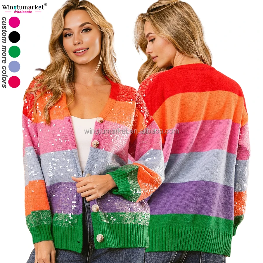 Holiday striped sequins knit sweater button sparkle rainbow custom sequin oversized knitted cardigan sweaters for women