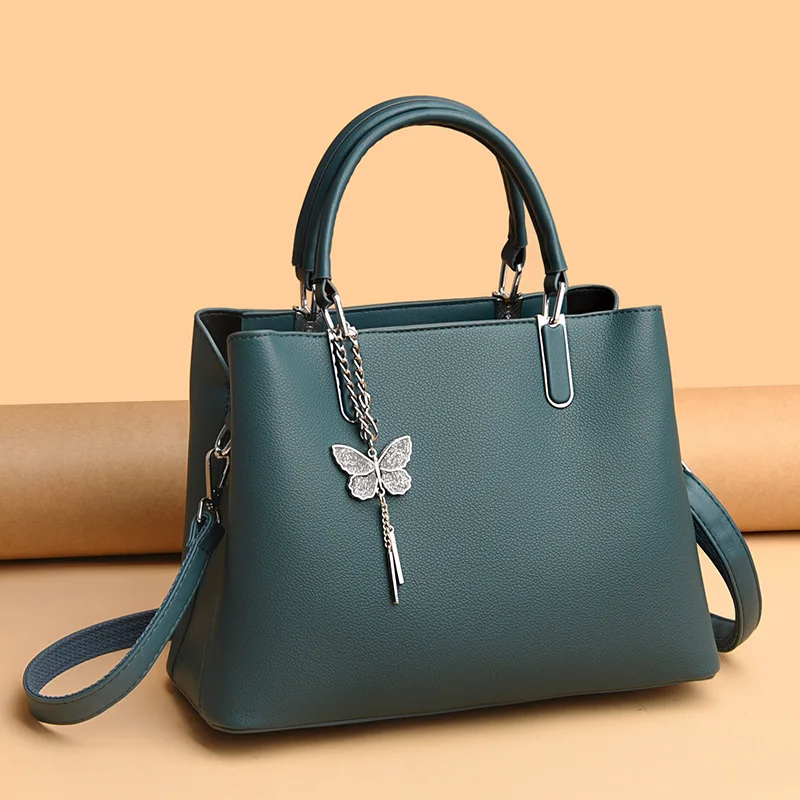 2023 Hot Sell Classic Elegant Style Plain Butterfly Decoration Embossed Litchi PU Leather Tote Shoulder Bag Handbags