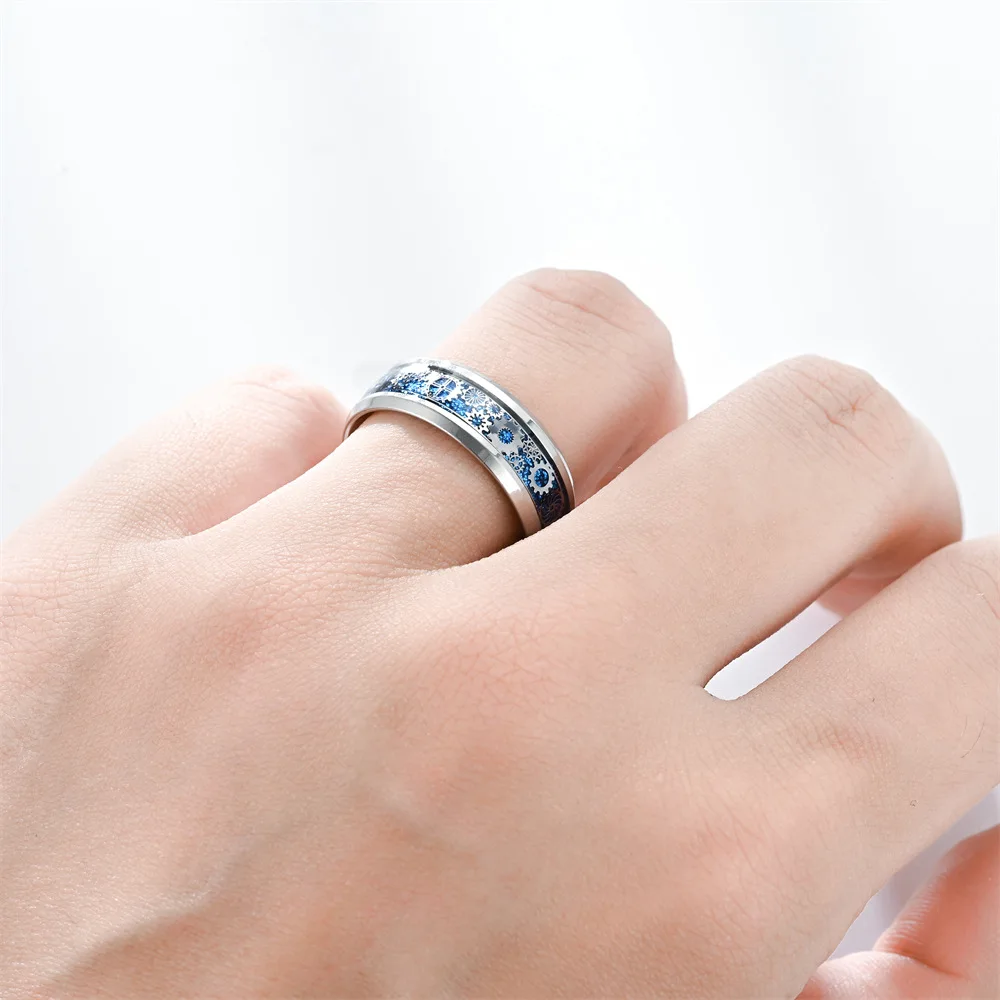 Wholesale Punk 8MM O Shape Rings Silver Black Stainless Steel Multi Color Oil Drip Pattern Gear Finger Rings