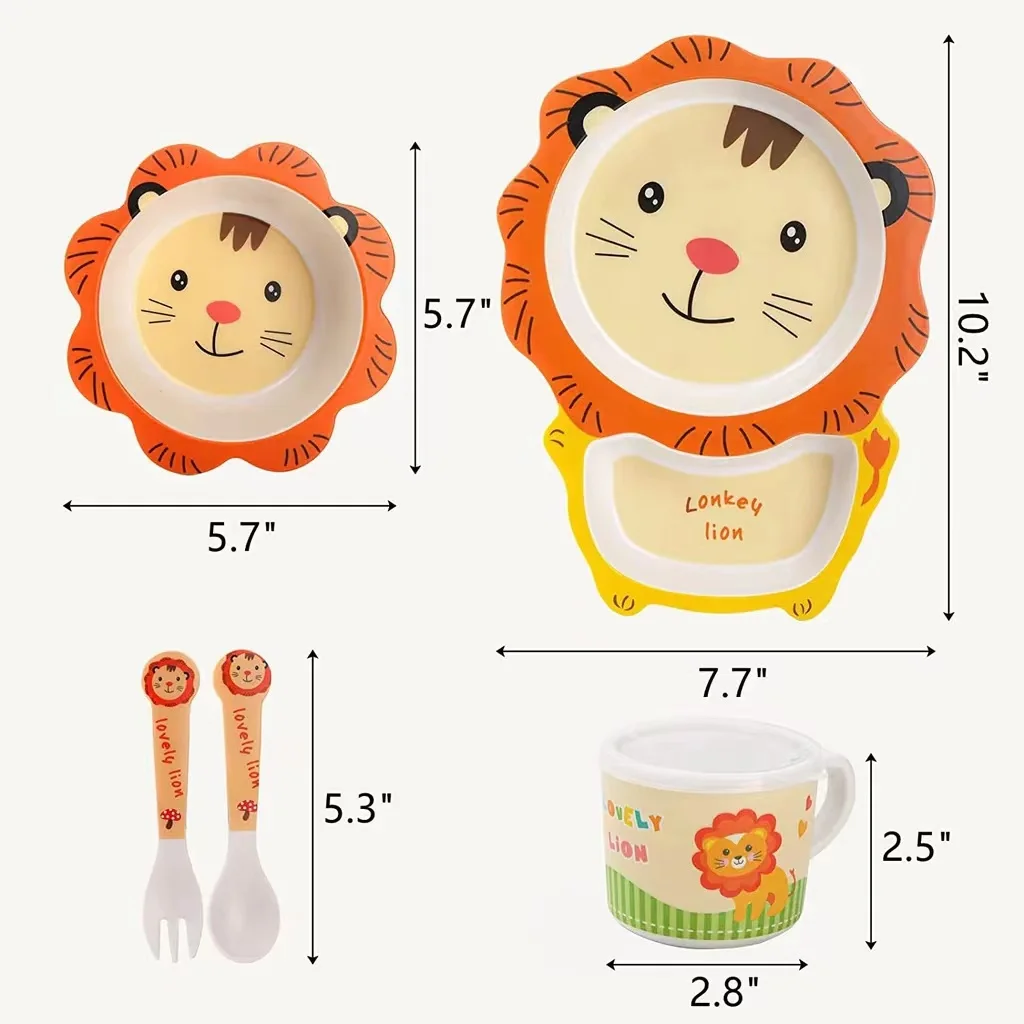Bamboo Fiber Children Dinnerware Set  Baby Eating Training Set Toddler Plate Bowl Cup 5-piece Feeding Cartoon Lion Tableware