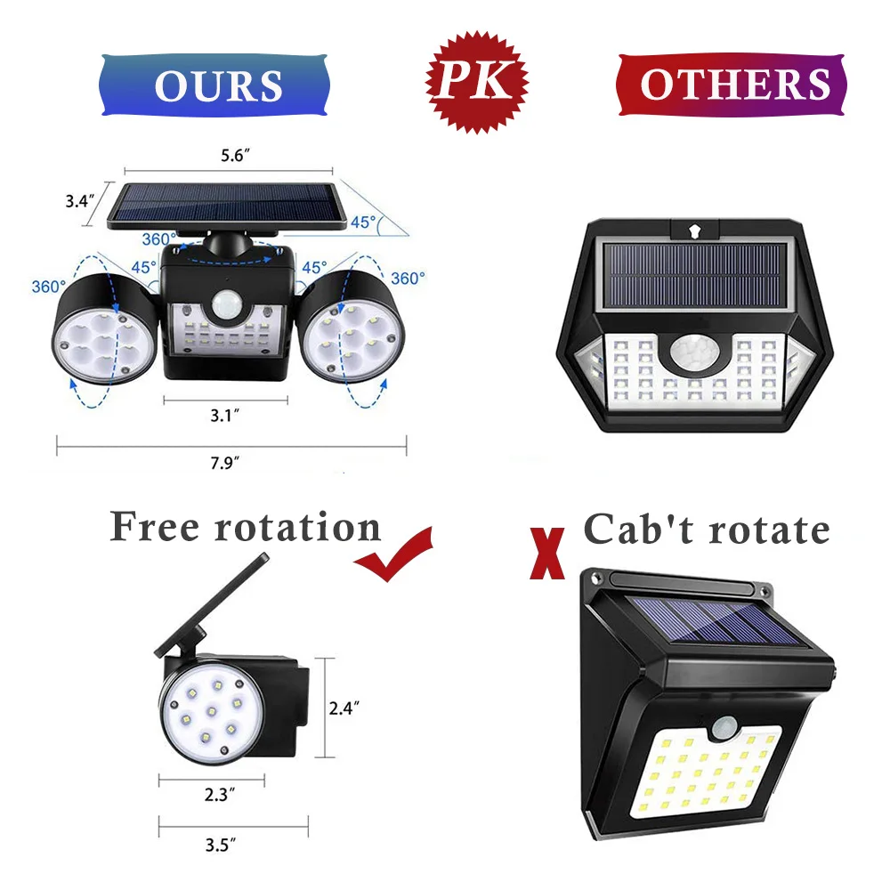 Waterproof Motion Sensor Solar Lamp Double Head Outdoor LED Solar Garden Light