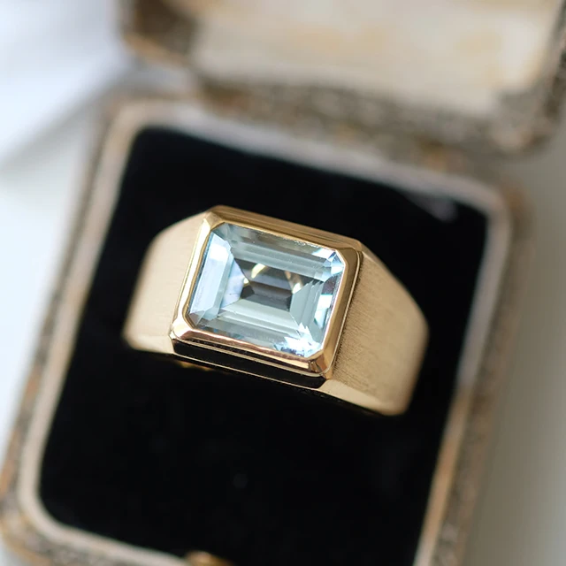 
Blue Aquamarine Chunky Rings Brushed Satin Finish Gold Men Ring 